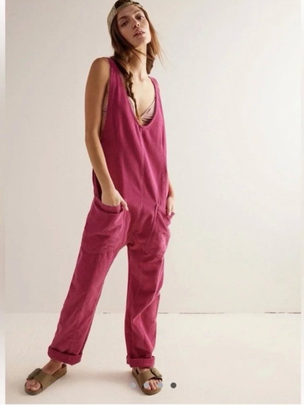 NWT Free People We The Free High Roller Cord Jumpsuit in Magenta pink